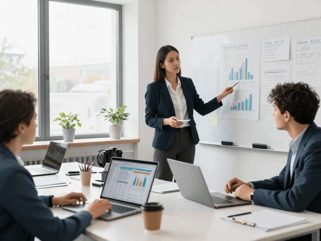 Zakelijk krediet opties bespreken in een professionele kantooromgeving met teamleden.