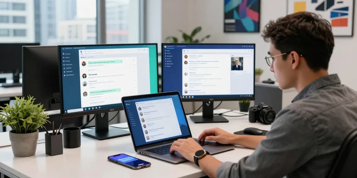 Professional using the Telegram Web Version to communicate at a modern workspace filled with tech gadgets.