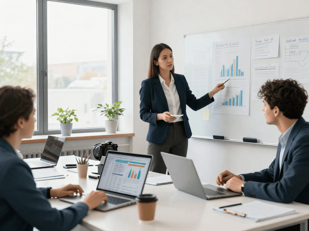 Zakelijk krediet opties bespreken in een professionele kantooromgeving met teamleden.