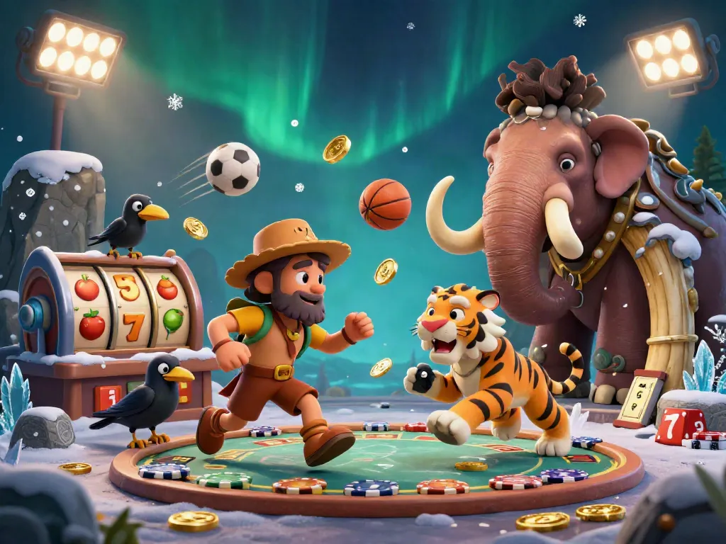 Kaasino casino scene with cartoon characters, playing dice, and vibrant sports elements, capturing the excitement of betting.