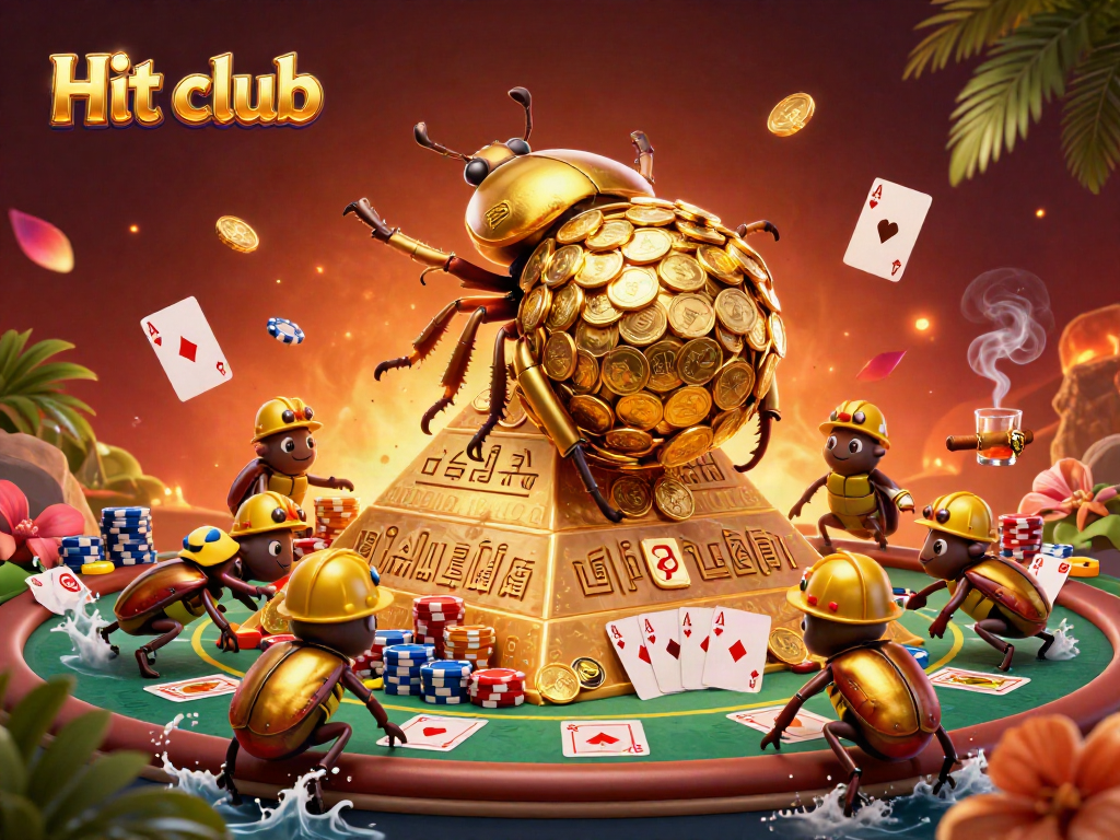 Experience the thrill at Hit club with golden coins and poker elements in a vibrant casino setting.