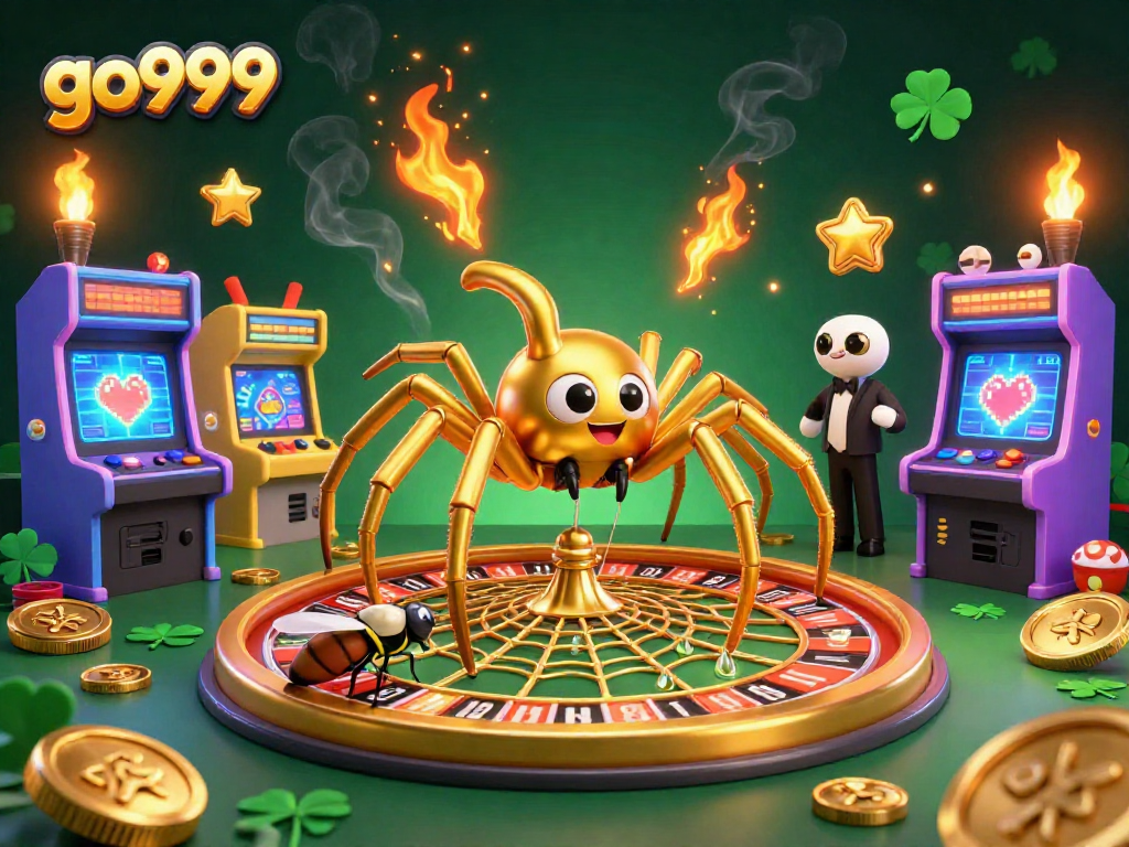 Engage in thrilling bets at go999 with a vibrant 3D casino illustration featuring a cartoon spider and croupier.