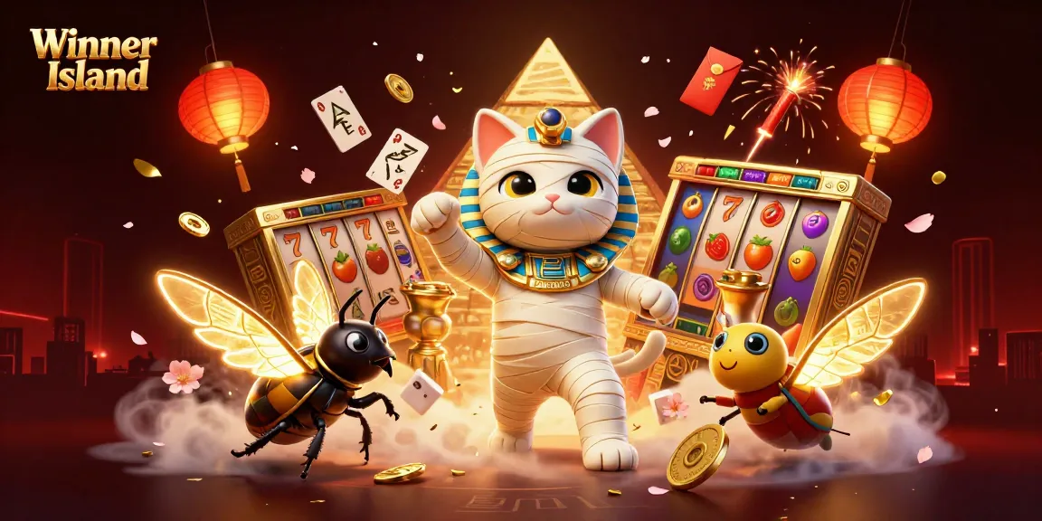 Experience thrilling wins at Winner Island Casino with a vibrant mummy cat and dynamic gaming elements.