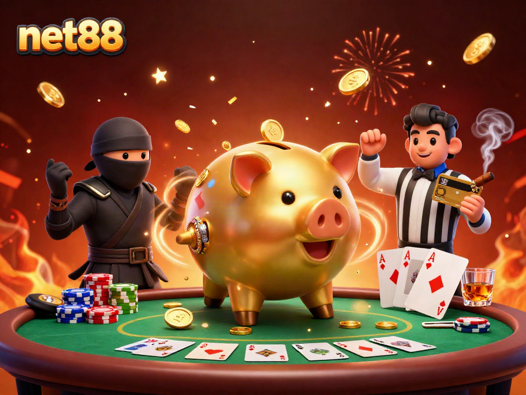 Experience excitement at net88 with a dynamic illustration of a golden piggy bank sumo wrestler and ninja amidst poker action.