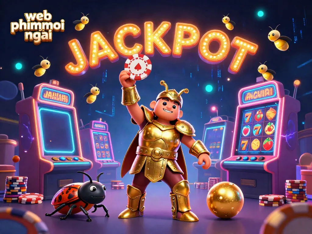 Engage in web phimmoi mới excitement with a 3D cartoon beetle celebrating a poker win, surrounded by vibrant slot machines.