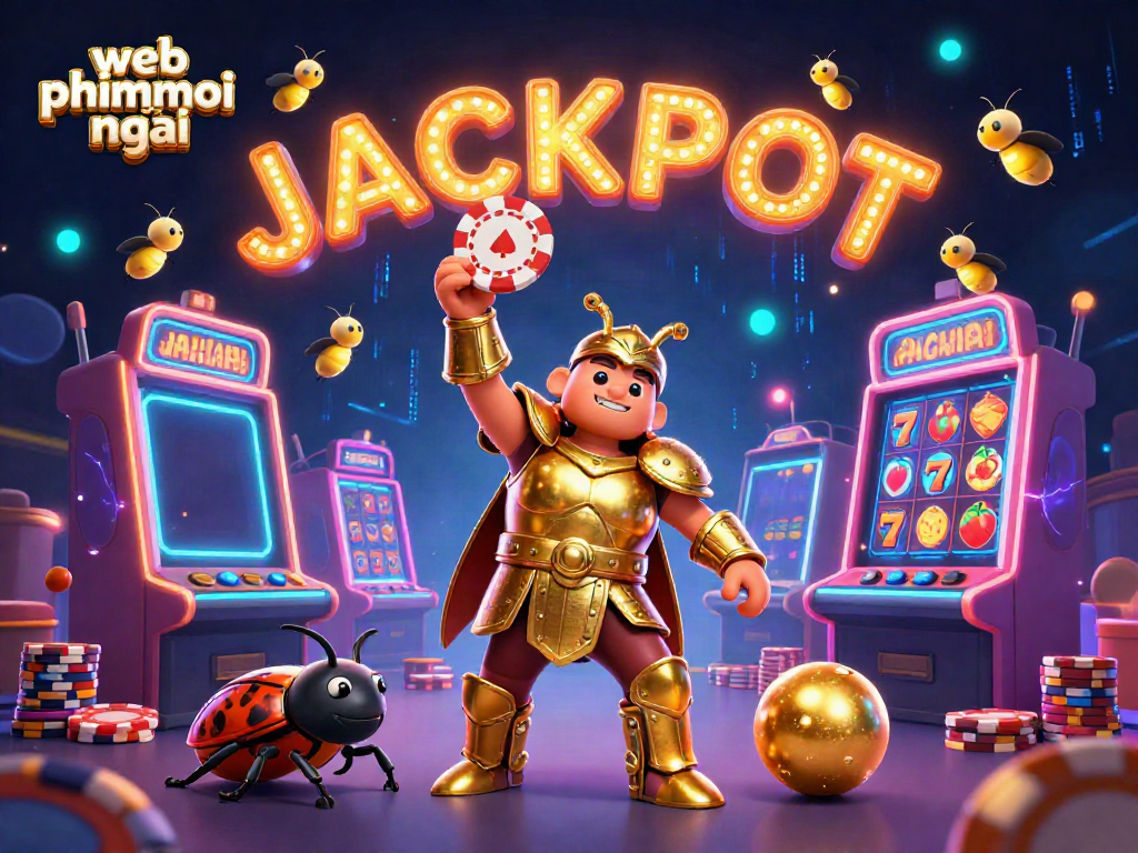 Engage in web phimmoi mới excitement with a 3D cartoon beetle celebrating a poker win, surrounded by vibrant slot machines.