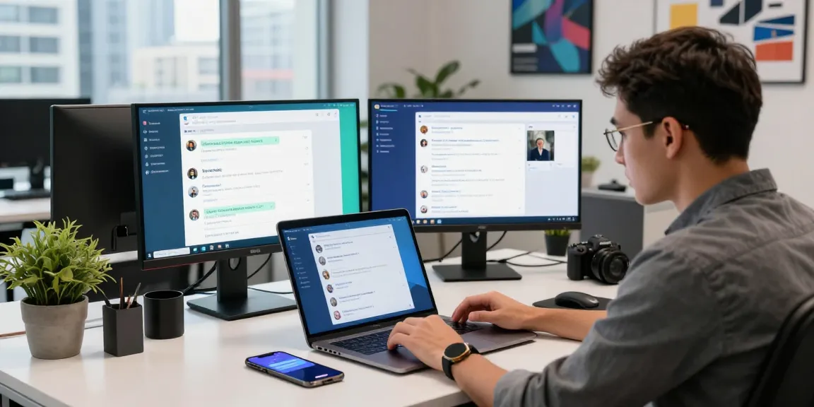 Professional using the Telegram Web Version to communicate at a modern workspace filled with tech gadgets.