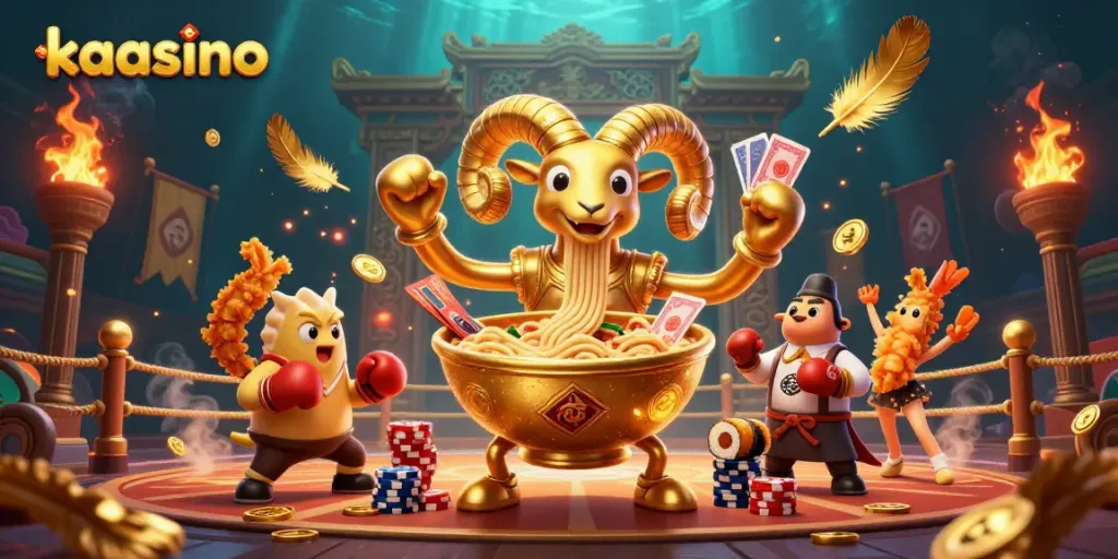 Kaasino features a vibrant 3D cartoon scene with a giant ramen bowl, sushi roll dealer, and energetic casino elements.