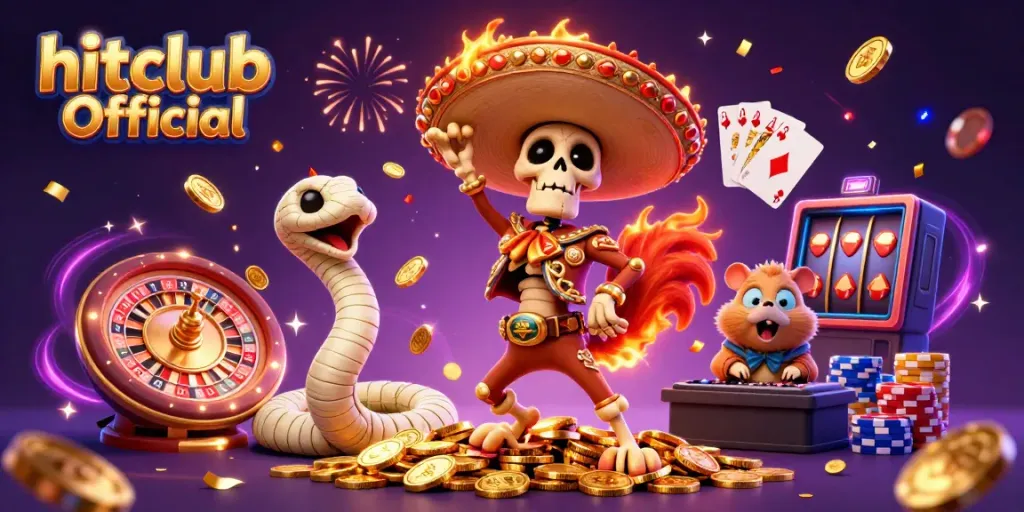 Experience the high-energy celebration of hitclub Official with an animated cast enjoying gaming success amid vibrant casino elements.