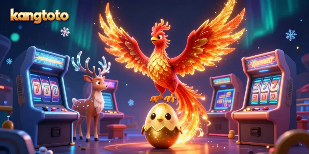 Kangtoto menyajikan edukasi permainan digital dengan phoenix berapi, simbol keberuntungan, dan permainan kasino.