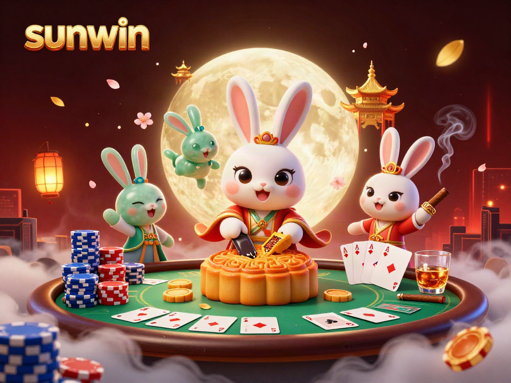 Winning big with sunwin: A vibrant casino-themed illustration featuring a moon rabbit and poker elements.