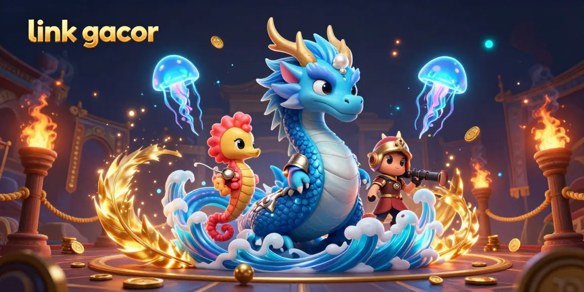 Spin to win with link gacor, featuring an enchanting dragon, knight, and glowing jellyfish in a vibrant casino scene.