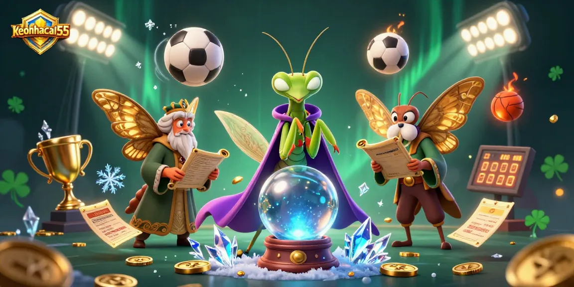 Experience thrilling sports betting excitement with keonhacai55, featuring dynamic sports balls and mystical characters.
