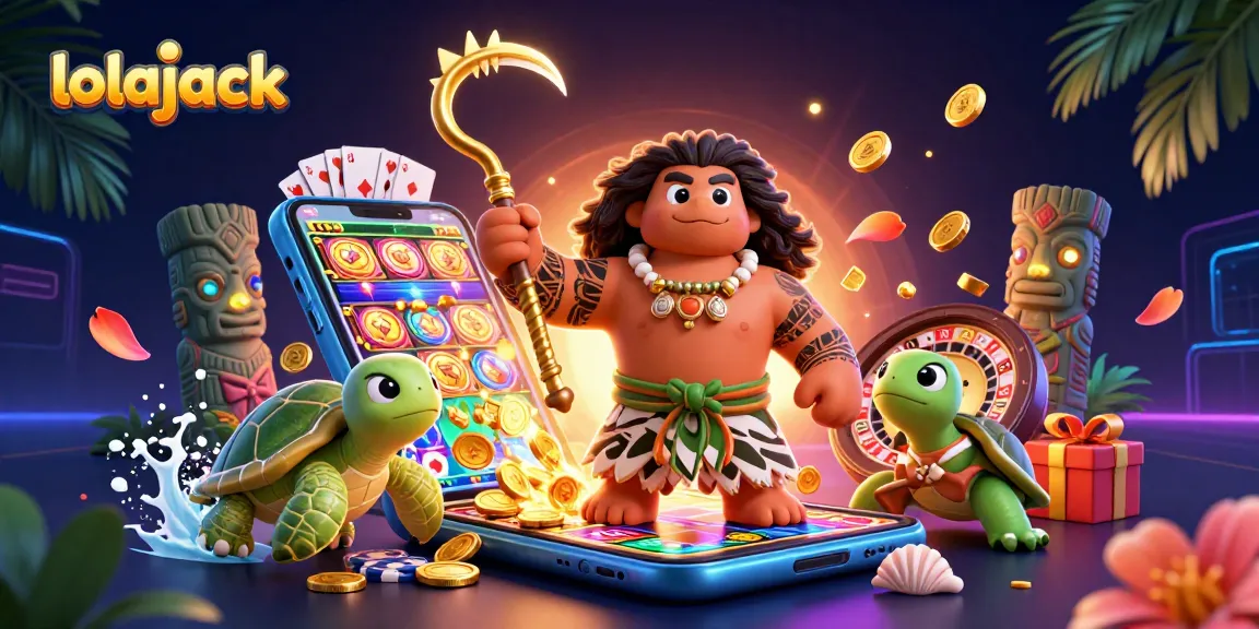 Experience spinning reels and golden wins at Lolajack Casino amidst vibrant 3D gaming elements.
