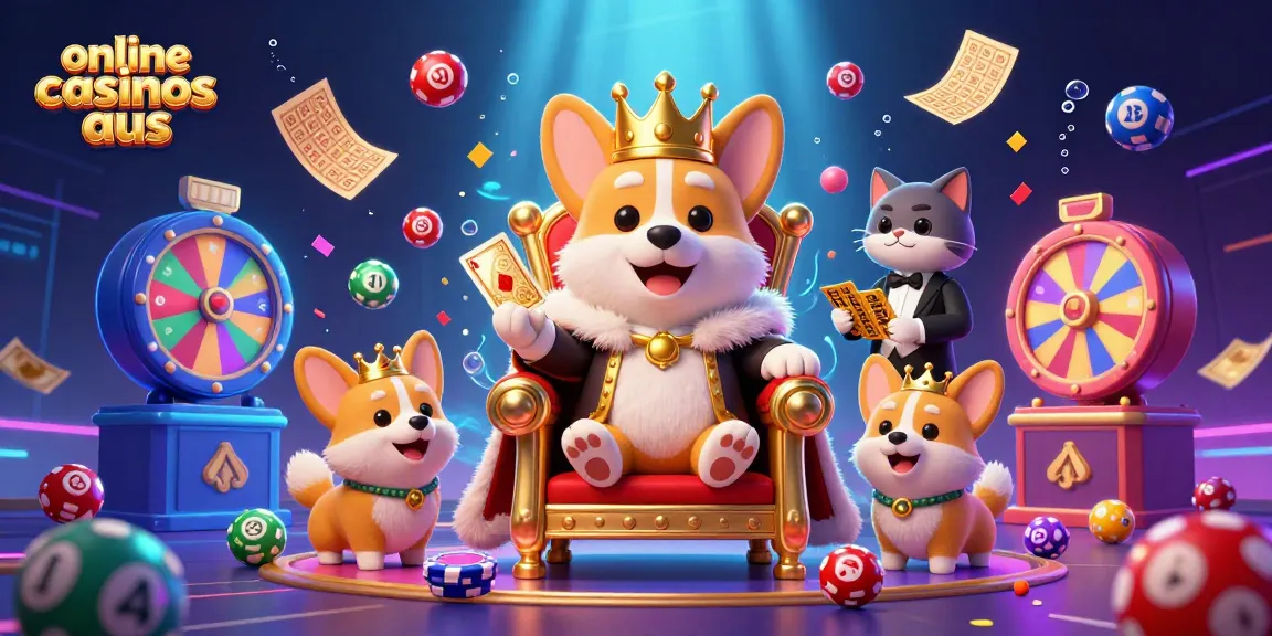 Exciting scene showcasing online casinos aus with a royal corgi, colorful lottery elements, and rich casino atmosphere