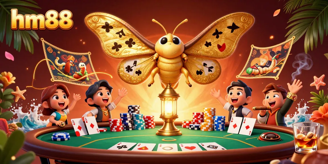 Experience high-stakes poker action with hm88's golden moth and vibrant casino elements.